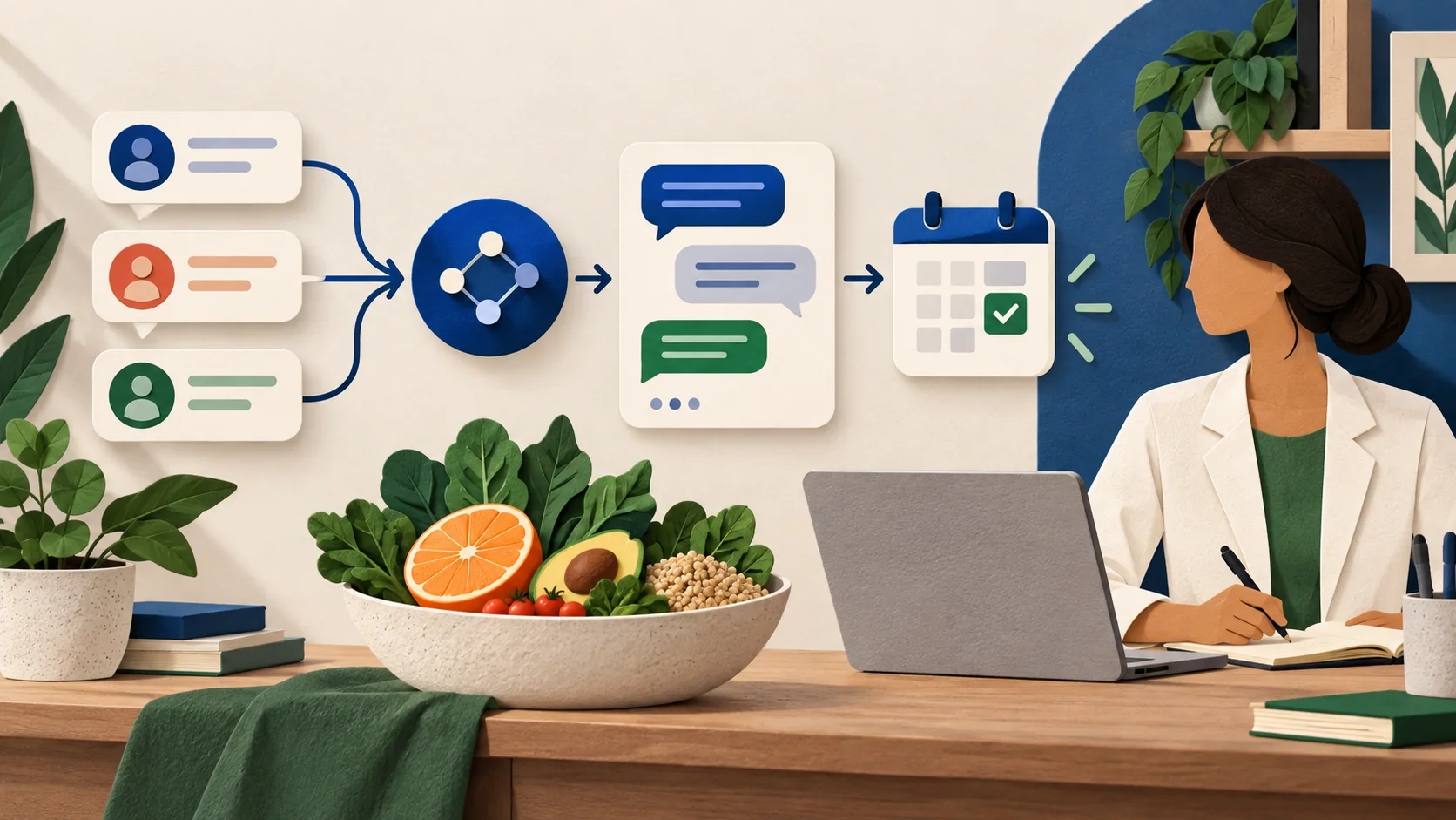 Atendimento de nutrição conectando consulta inicial, conversa e agendamento com apoio de IA